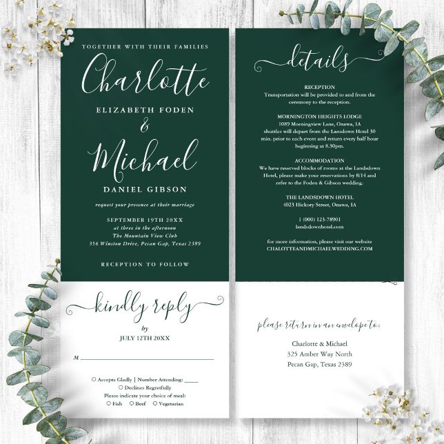 Invitation Élégant Script Emerald Green Tout en un Mariage (Emerald Green Elegant Script All In One Wedding Invitation)