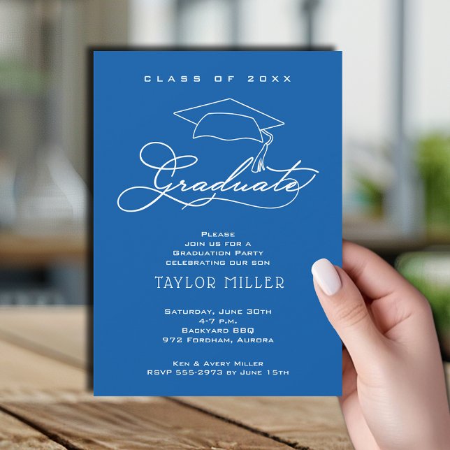 Invitation Élégant Script et Grad Casquette Bleu Graduation (Elegant Grad Cap Blue Graduation Invitations, PRINTED and/or INSTANT DOWNLOAD)