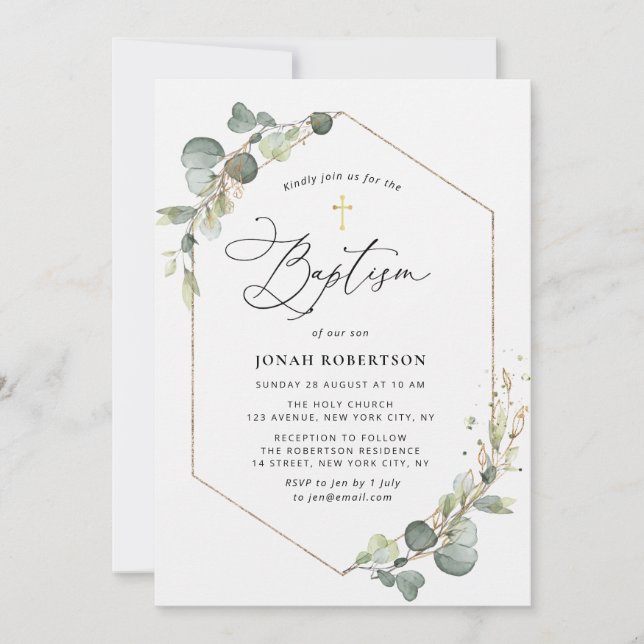 Invitation Elégant script eucalyptus cadre baptism (Devant)