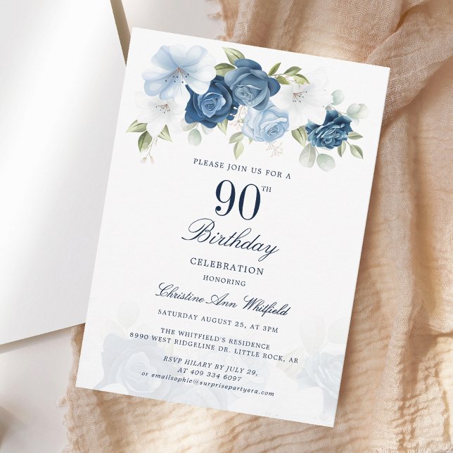 Invitation Élégant Script Floral 90e anniversaire (Elegant Script Floral 90th Birthday Invitation)