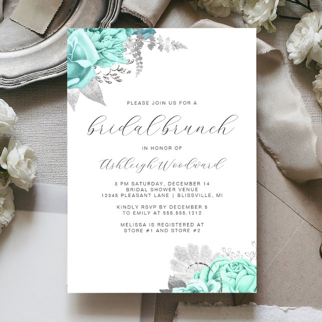 Invitation Élégant script floral Aqua Silver Bridal Brunch (Créateur téléchargé)