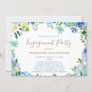 Invitation Élégant script floral Dusty Blue Engagement Party