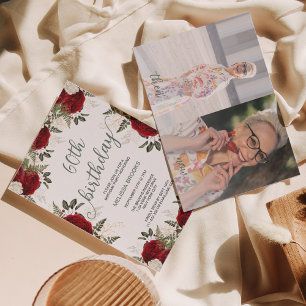 Invitation Élégant Script Floral Red Rose Photo 60e anniversa