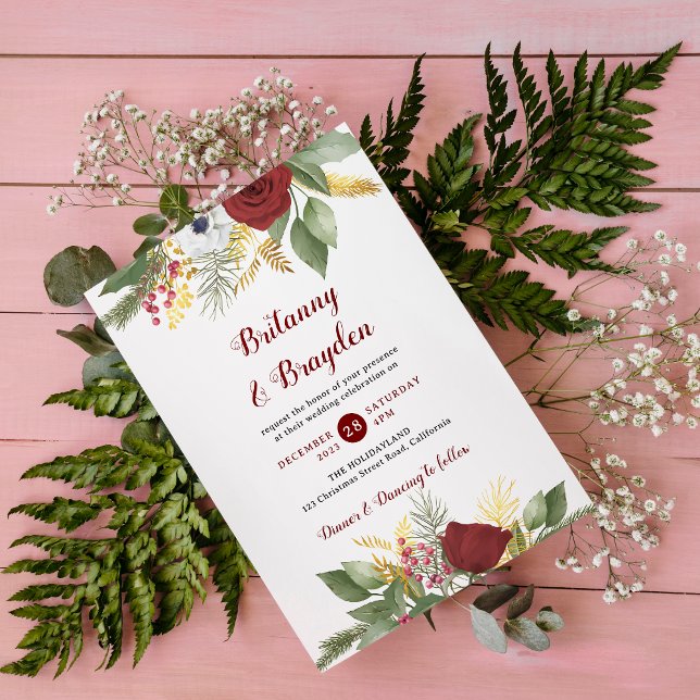 Invitation Élégant Script Floral Rouge Or tout en un Mariage (Créateur téléchargé)