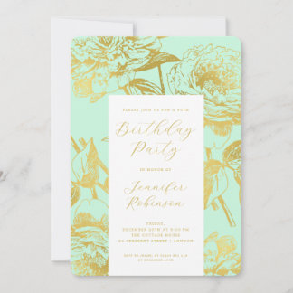 Invitation Élégant Script Gold Floral Birthday Party Mint