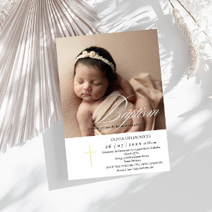 Invitation Élégant Script Golden Overlay Cross Photo Baptism