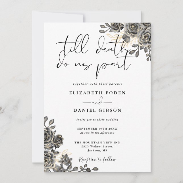 Invitation Élégant Script Gothique Roses Floral Mariage (Devant)