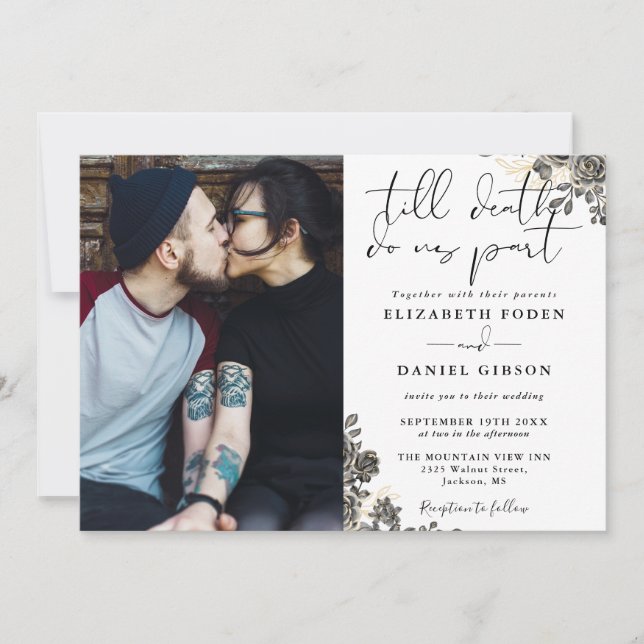 Invitation Élégant Script Gothique Roses Floral Photo Mariage (Devant)