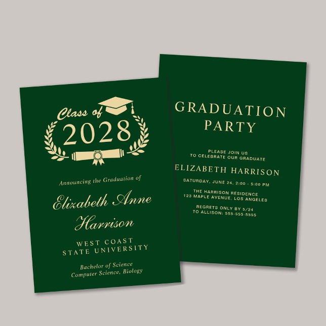 Invitation Élégant Script Green College Graduation Party (An elegant college graduation announcement to celebrate the graduate's achievements)