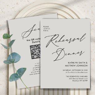 Invitation Élégant Script Grey Chic Rehearsal Diner Code QR