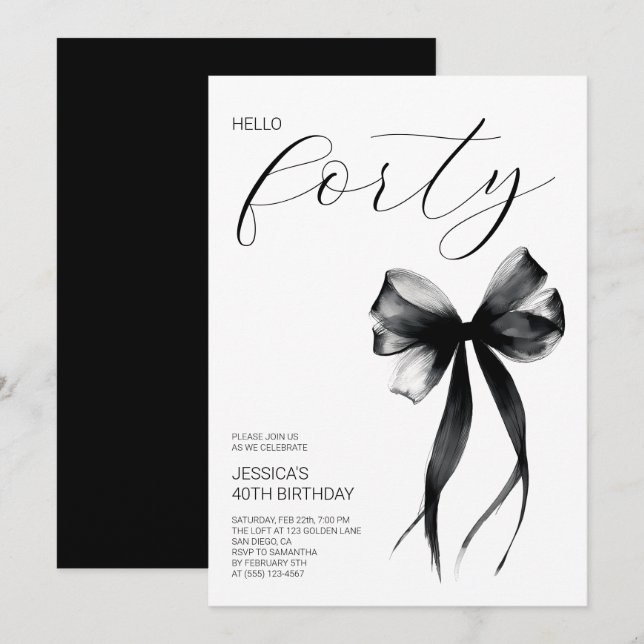 Invitation Elegant Script Hello Forty Bow 40th Birthday Party (Devant / Derrière)