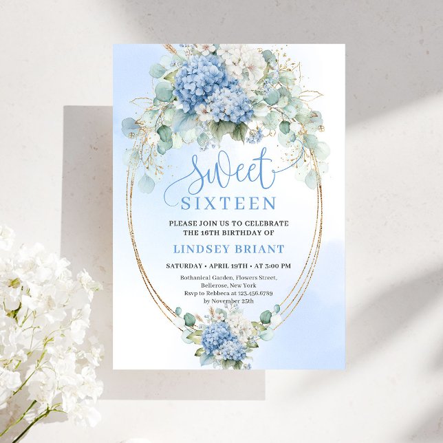 Invitation Élégant Script Hydrangea Bleue Or Sweet Seize (Elegant Script Blue Hydrangea Gold Sweet Sixteen)