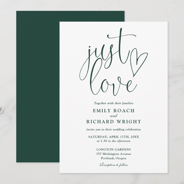 Invitation Élégant script Just Love Emerald Green Mariage (Devant / Derrière)