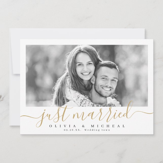 Invitation Élégant script "juste marié" mariage photo moderne (Devant)