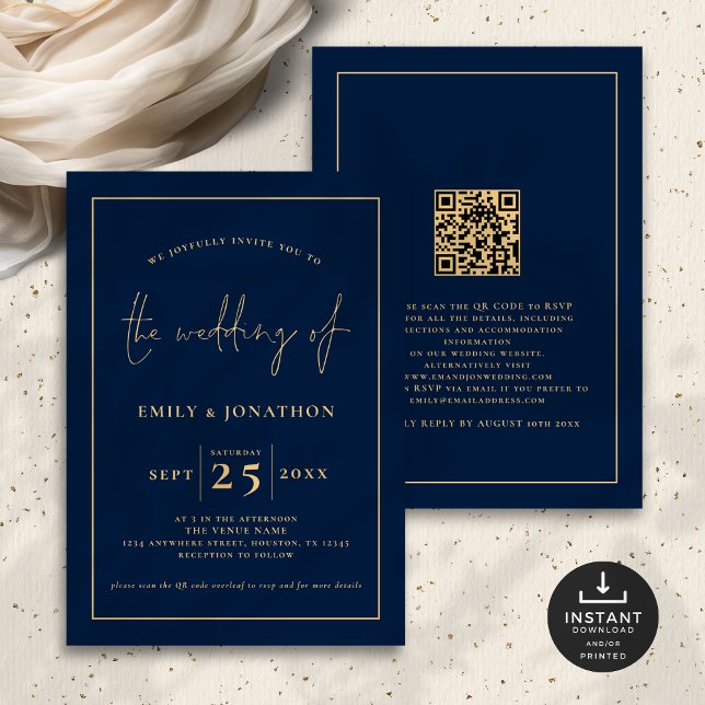 Invitation Élégant Script Line QR Code Marine Blue Gold Maria (Front and back view)