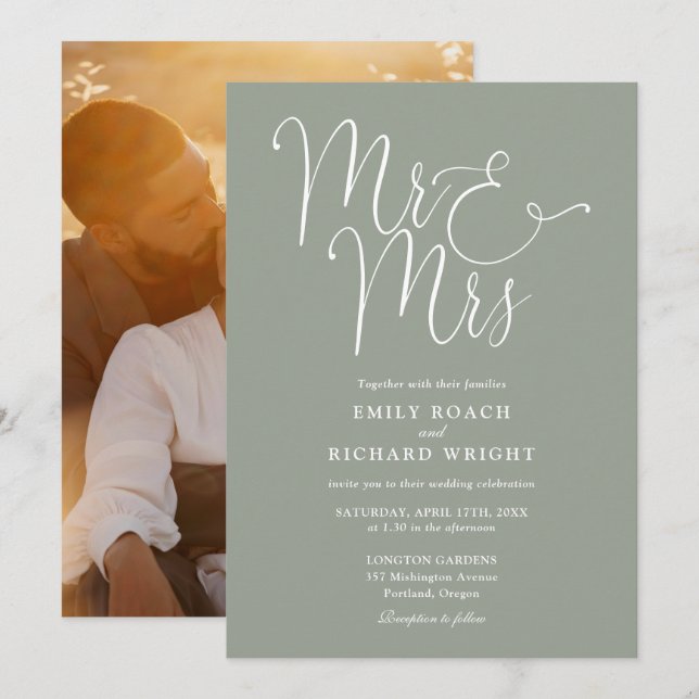 Invitation Élégant Script M. Et Mme Photo Sage Mariage Vert (Devant / Derrière)