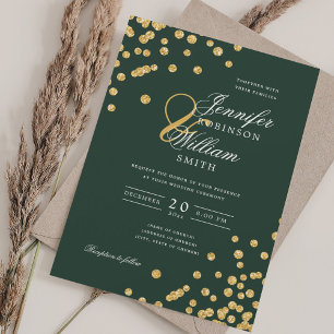 Invitation Élégant Script Mariage Gold Confetti Emerald Green