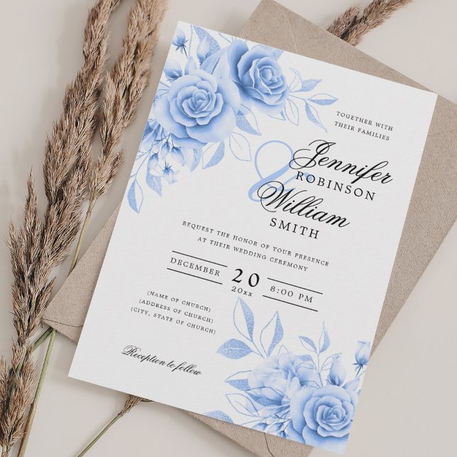 Invitation Élégant Script Mariage Navy Blue Floral avec QR RS (Elegant Script Wedding Navy Blue Floral w/ QR RSVP Invitation)