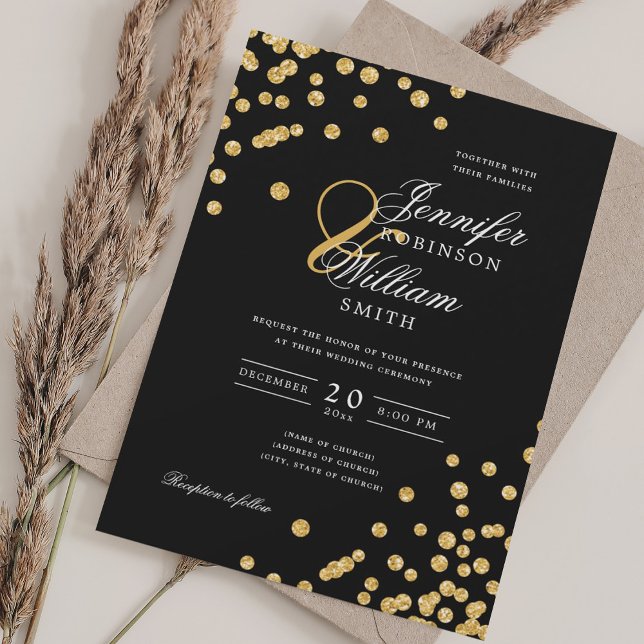Invitation Élégant Script Mariage Parties scintillant or Conf (Elegant Script Wedding Gold Glitter Confetti Black Invitation)