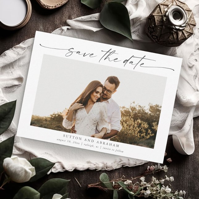 Invitation Élégant script Mariage photo (Elegant photo wedding save the date with modern handwritten script typographic overlay.)