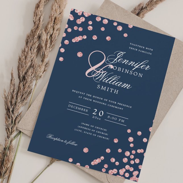 Invitation Élégant Script Mariage Rose Gold Confetti Navy Blu (Elegant Script Wedding Rose Gold Confetti Navy Blue Invitation)