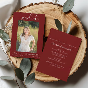 Invitation Élégant Script Maroon Graduation Party Photo