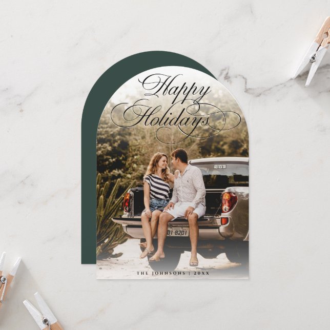 Invitation Elegant Script Modern Arch 1 Photo Christmas Card (Devant/Arrière en situation)