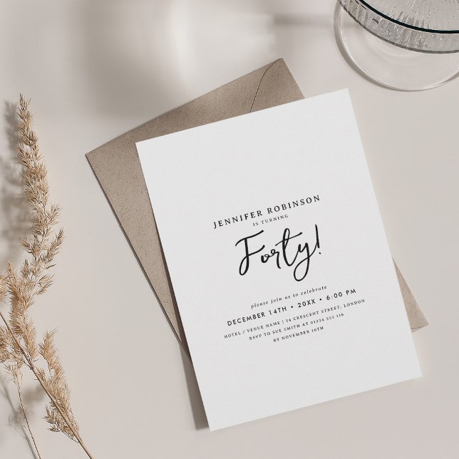 Invitation Élégant script moderne 40e anniversaire Noir & Bla (Elegant Modern Script 40th Birthday Black & White Invitation)