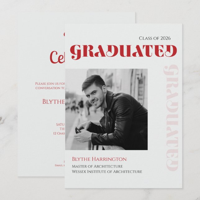 Invitation Élégant script moderne de type rouge noir et gris (Devant / Derrière)