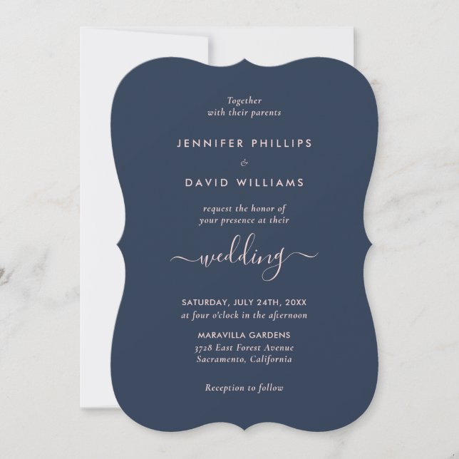 Invitation Élégant script moderne Mariage bleu et bleu marine (Devant)