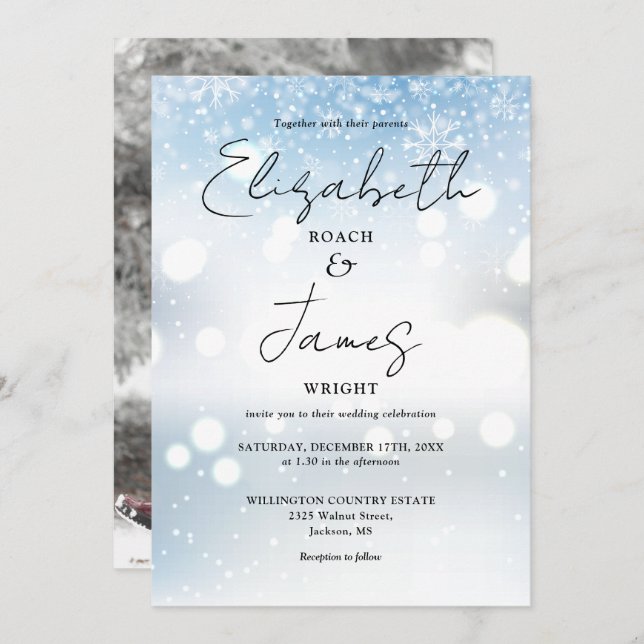 Invitation Élégant script moderne photo Neige hiver mariage (Devant / Derrière)