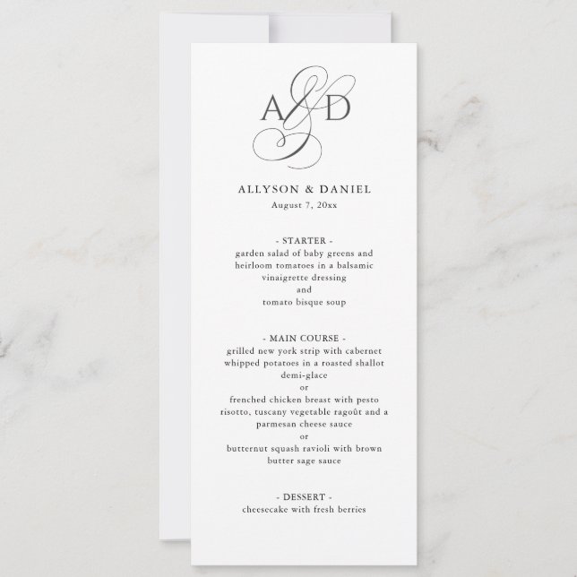 Invitation Elegant Script Monogram Classic Wedding Menu (Devant)