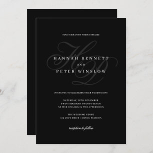 Invitation Élégant Script Monogramme Initiales Mariage noir