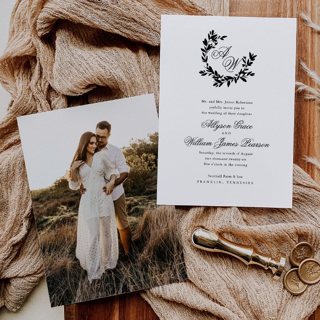 Invitation Élégant Script Monogramme Photo Mariage botanique (Créateur téléchargé)