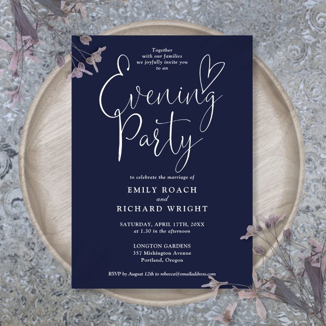 Invitation Élégant Script Navy Blue Mariage Soirée (Elegant Script Navy Blue Wedding Evening Party Invitation)