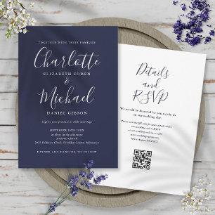 Invitation Élégant Script Navy Blue QR Code Mariage