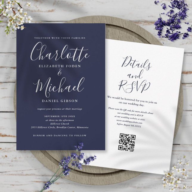 Invitation Élégant Script Navy Blue QR Code Mariage (Elegant Script Navy Blue QR Code Wedding Invitation)