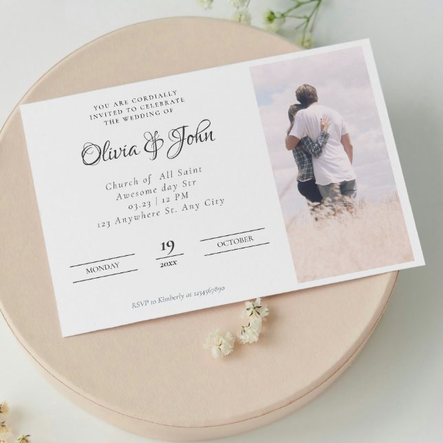 Invitation Élégant script noir blanc Mariage photo (Elegant Script Black White Photo Wedding Invitation)