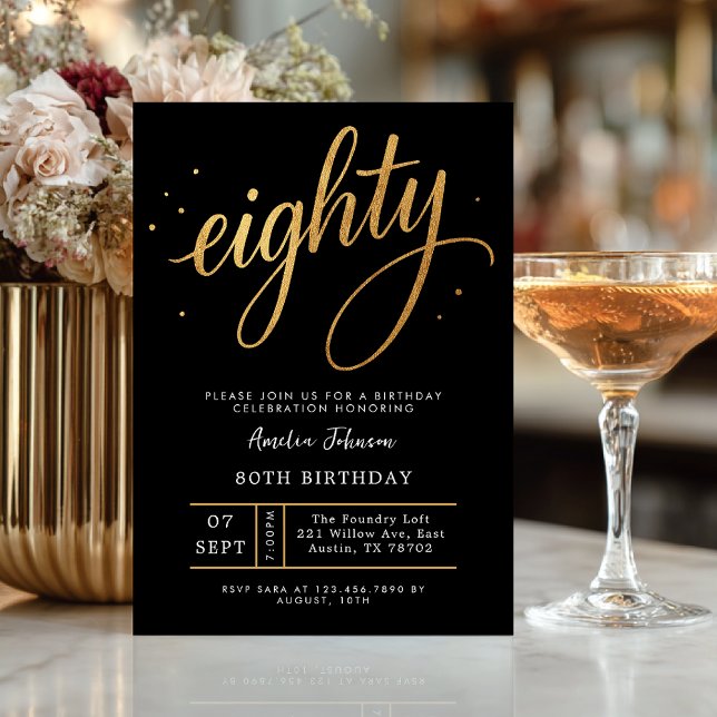 Invitation Élégant Script Noir & Or Quatre-Vingtième 80e Anni (Celebrate eighty in elegant style with this luxurious black and gold invitation.)