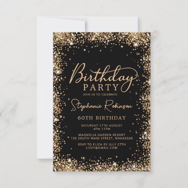 Invitation Élégant Script Noir Paillettes Or 60e Anniversaire (Devant)