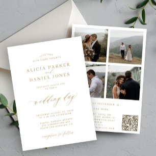 Invitation Elégant script or 4 photos Code QR RSVP mariage