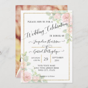 Invitation Élégant Script or Aquarelle rose Mariage floral