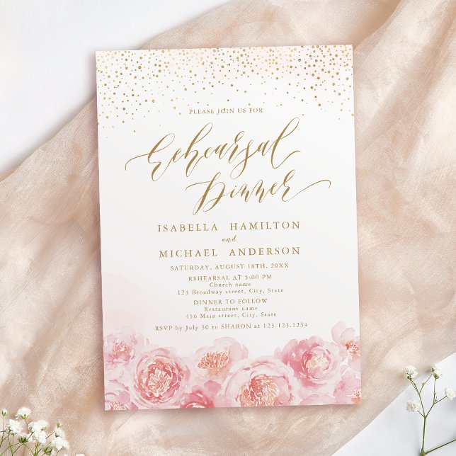 Invitation Élégant script or blush floral répétition dîner (Elegant script gold blush floral rehearsal dinner invitation)