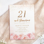 Invitation Élégant script or & floral blush 21e anniversaire<br><div class="desc">Écriture moderne chic "21 et glamour",  parties scintillant en faux or tendance et aquarelle rose rousse design floral,  élégante et élégante,  grandes invitations de fête de 21e anniversaire.</div>