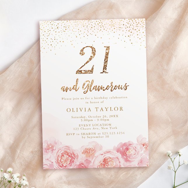 Invitation Élégant script or & floral blush 21e anniversaire (Elegant script gold & blush floral 21st birthday invitation)