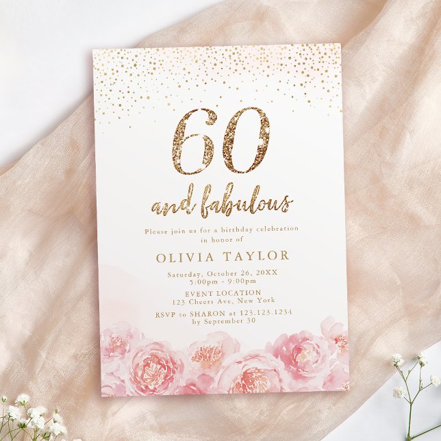 Invitation Élégant script or & floral blush 60e anniversaire (Elegant script gold & blush floral 60th birthday invitation)