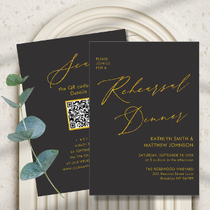 Invitation Élégant script or Gris de répétition Dîner Code QR