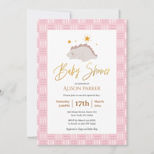 Invitation Élégant script or joli Baby shower de dinosaure ro (Devant)