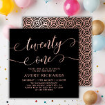 Invitation Élégant Script or vingt et un Rose 21e anniversair<br><div class="desc">Chic Elegant Noir et Rose Or Vingt et un Script 21ème Anniversaire Invitation. Ce modèle d'invitation d'anniversaire moderne pour femme présente un texte élégant "vingt et un" dans un énorme papier d'or faux rose Chic tourbillonnant calligraphie manuscrite (ou typographie) script avec la police de queue d'écharpe, détails de la fête...</div>