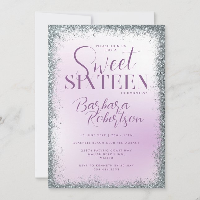 Invitation Elégant Script Pailleté Argent Violet Sweet Seize (Devant)